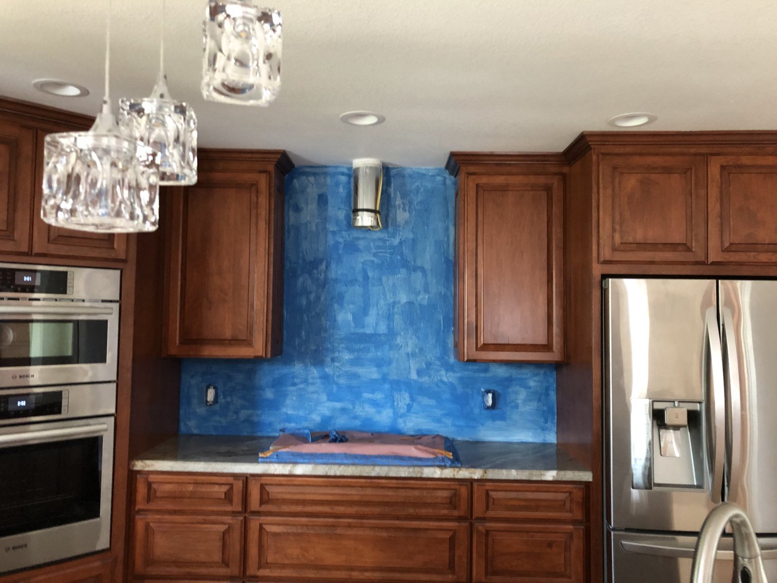 Kitchen backsplash wall during preparation before tile installation